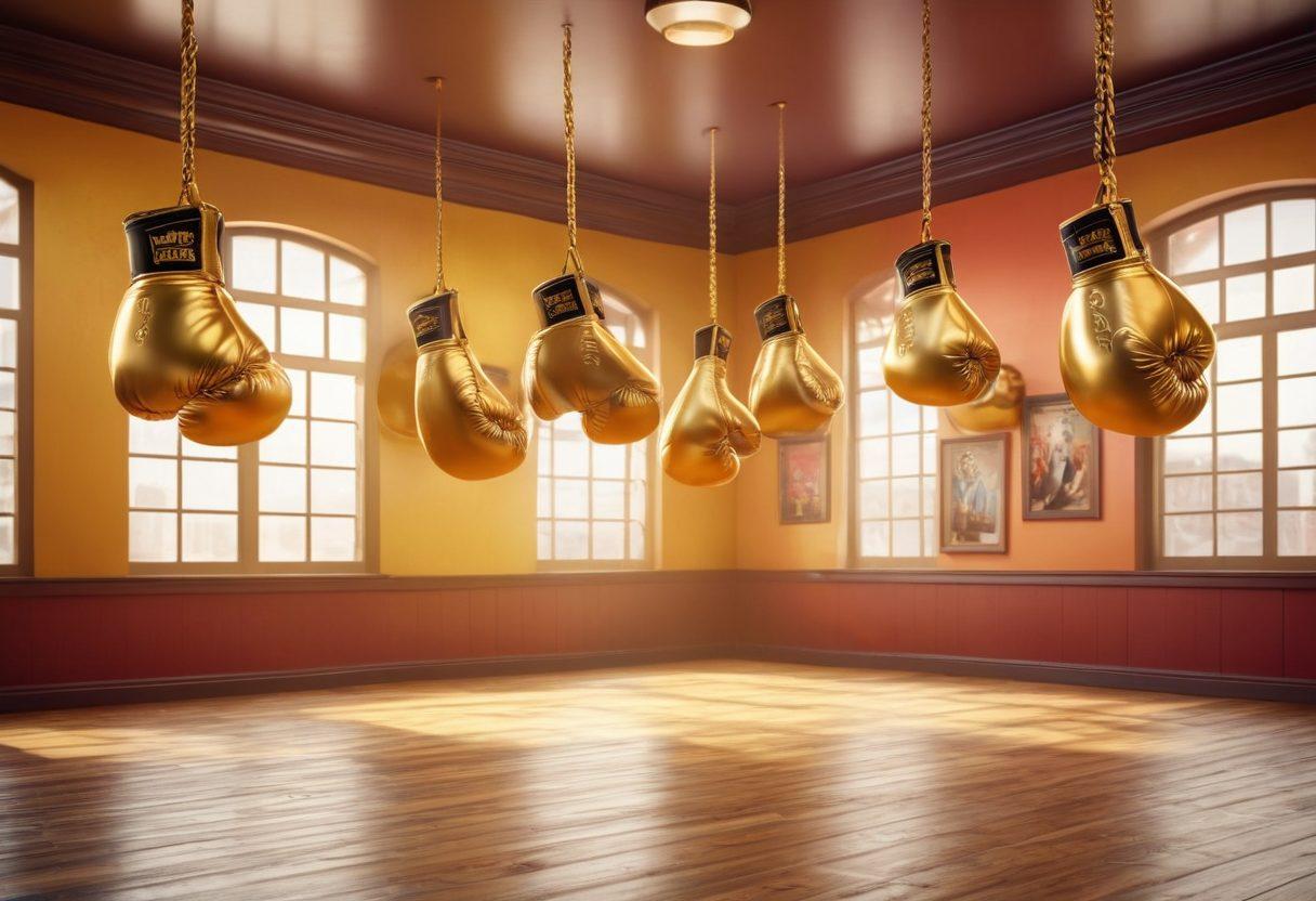 A dynamic scene showcasing a diverse group of individuals exercising with golden boxing gloves in a vibrant gym setting, filled with energy and motivation. Include elements of joy and success, such as smiling faces and personal achievements like trophies or medals. The atmosphere should be uplifting, incorporating bright colors and inspirational quotes on the walls. super-realistic. vibrant colors. 3D.