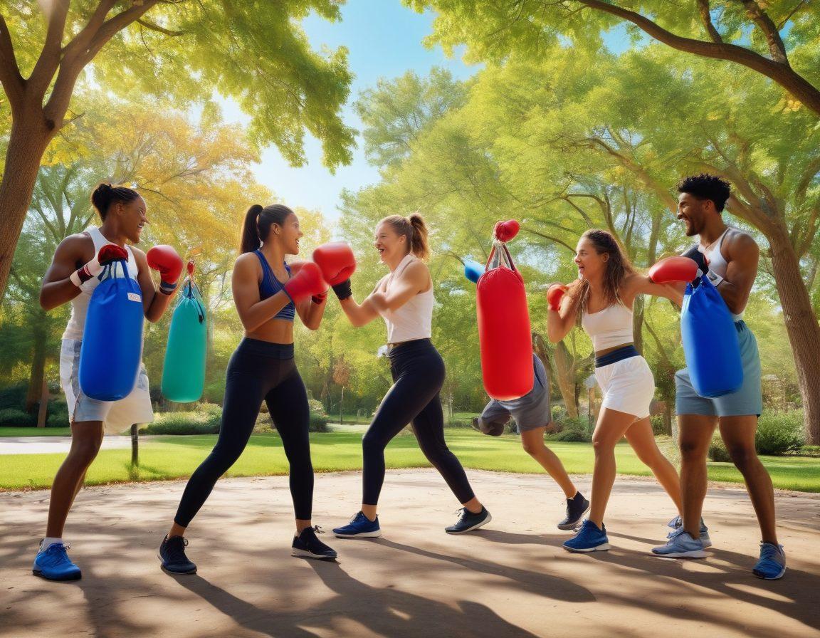 A vibrant, dynamic scene depicting a diverse group of people joyfully boxing in an outdoor park setting, with colorful punching bags and a bright blue sky above. Include a cheerful instructor motivating beginners, surrounded by trees and playful pets. The atmosphere is energetic and inspiring, conveying the fun side of fitness and wellness. super-realistic. vibrant colors. outdoor setting.