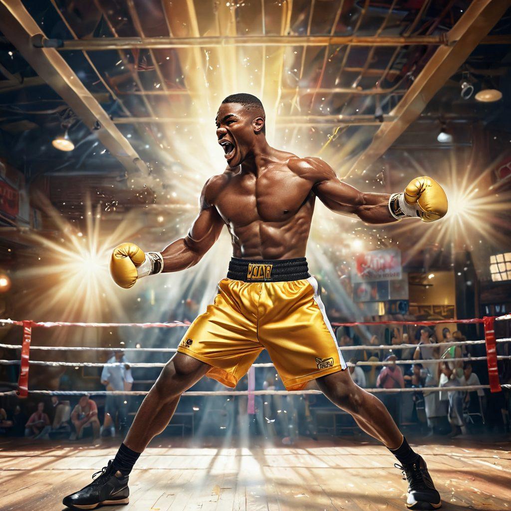 A dynamic scene of a boxer in mid-action, wearing golden gloves, surrounded by rays of light symbolizing joy and empowerment. The background features an urban gym filled with motivational posters and energetic spectators cheering. Incorporate vibrant colors to evoke excitement and passion for fitness. super-realistic. vibrant colors. 3D.